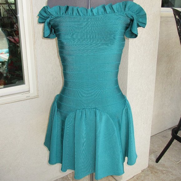 Bebe Teal Ruffle Fit & Flare Bandage Dress M